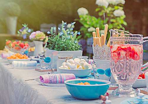 草莓,水,甜点,花园派对,庭院桌