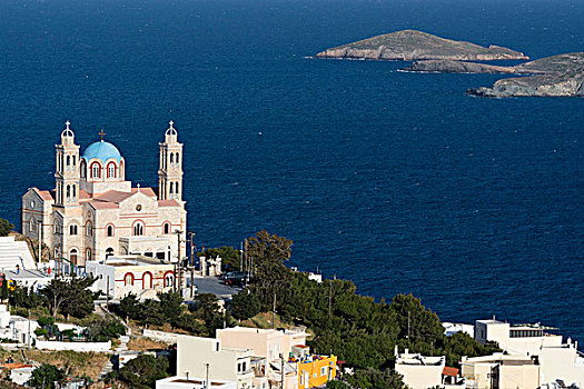 俯视图,教堂,锡罗斯岛,基克拉迪群岛,爱琴海,希腊