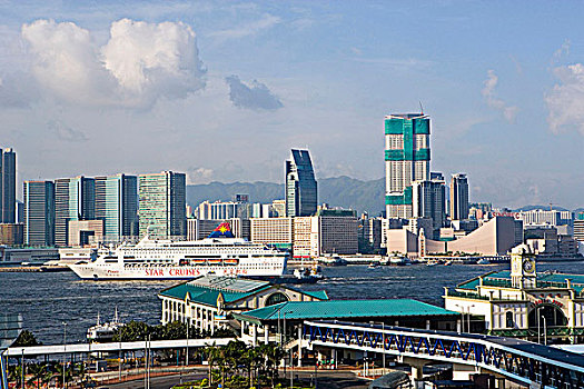 岛屿,渡轮,码头,远眺,九龙,天际线,香港