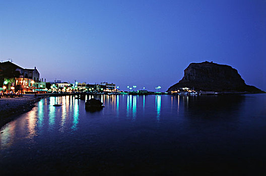 希腊,伯罗奔尼撒半岛,拉科尼亚,摩涅姆瓦西亚,晚间,风景,港口,石头,直布罗陀,大幅,尺寸