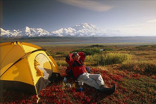 背包族,帐蓬,露营,苔原,德纳里国家公园,秋天,麦金立山,山脉