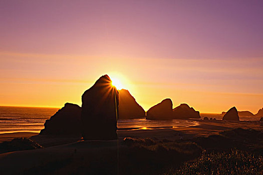 日落,后面,岩石构造,岬角,州立公园,俄勒冈,美国