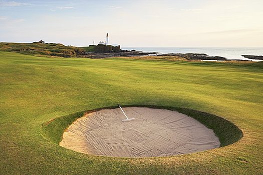 沙坑,高尔夫球道,灯塔,海洋,背景,高尔夫球场,南,苏格兰