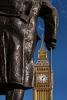 铜像,丘吉尔,塔,大本钟,威斯敏斯特,伦敦,英格兰
