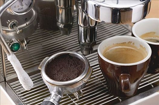 两个,杯子,浓咖啡,浓缩咖啡机