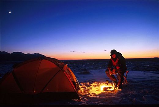 男人,营火,帐蓬,冬天,楚加奇州立公园
