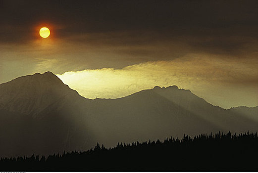 日落,上方,山峦,落基山脉,加拿大