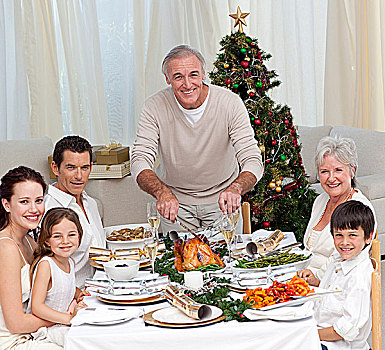 爷爷,切,火鸡,圣诞晚餐