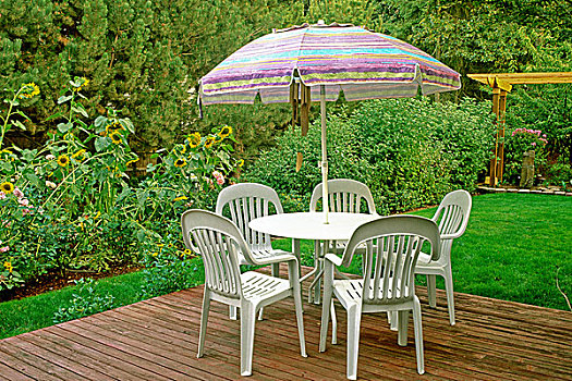 塑料制品,桌子,椅子,伞,内庭,远眺,花园