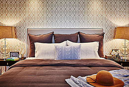 枕头,垫子,双人床,软垫,床头板,壁纸,米色,复古,图案