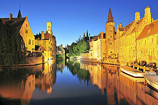 风景,运河,钟楼,房子,布鲁日,比利时