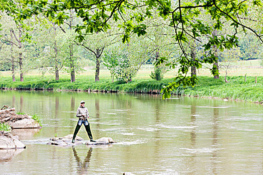 女人,钓鱼,河,捷克共和国