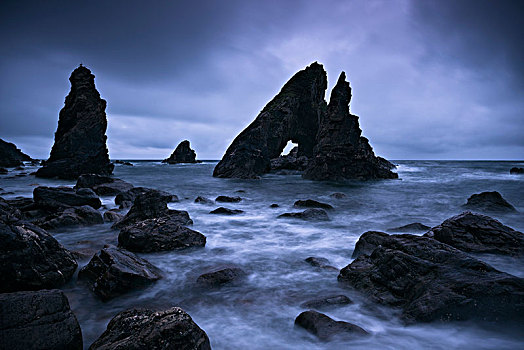 岩石构造,头部,梅奥县,爱尔兰,黎明,蓝色,钟点