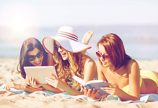 女孩,平板电脑,海滩