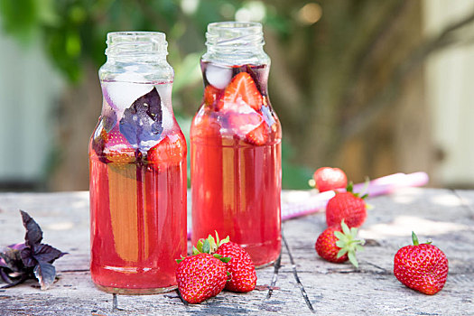 柠檬水,草莓,罗勒,爽神饮料,新鲜,背景,花园
