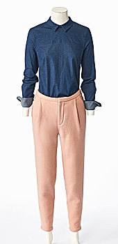 长袖,蓝色,粗斜纹棉布,衬衫,微暗,粉色,裤子