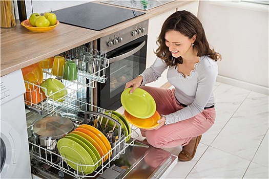 女人,盘子,洗碗机