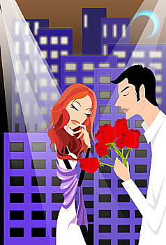 时尚插画,红玫瑰,月亮,都市,求爱,爱情,情人,男人,女人,沉醉