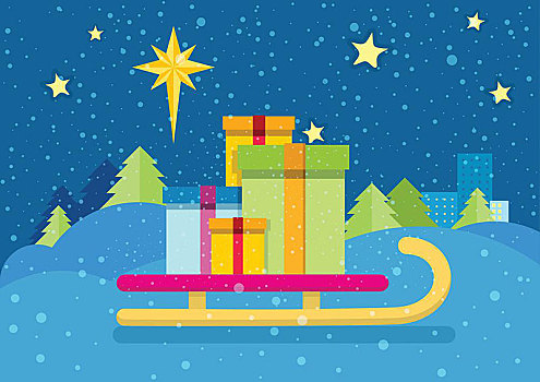 圣诞礼物,雪橇,雪,背景,雪景,夜晚,星,天空,礼盒,新年,圣诞节,概念,雪撬,伯利恒,矢量