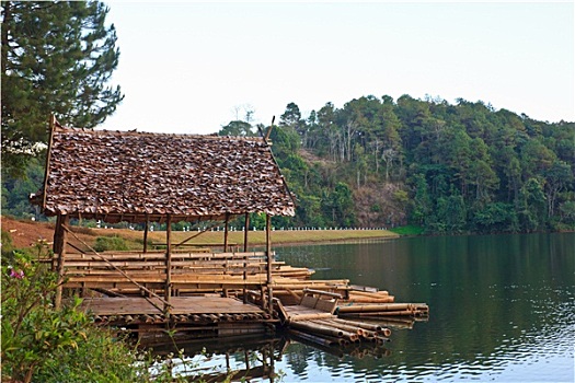 竹子,小屋,湖