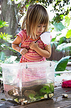 女孩,看,渔网,塑料制品,蝌蚪,水塘,花园桌
