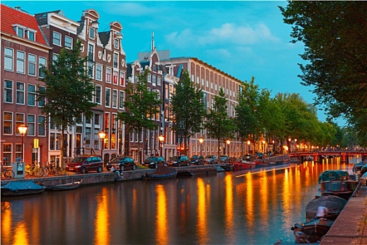 夜晚,城市风光,阿姆斯特丹,运河,桥