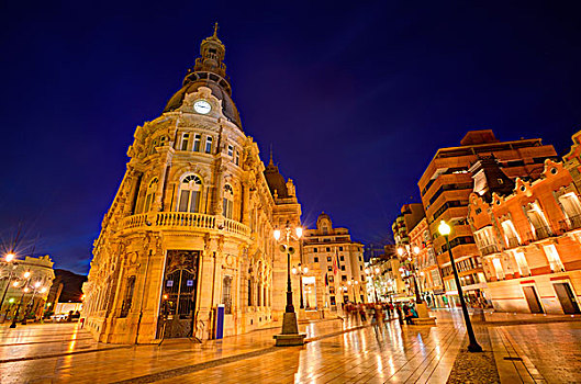 市政厅,卡塔赫纳,日落,穆尔西亚,西班牙