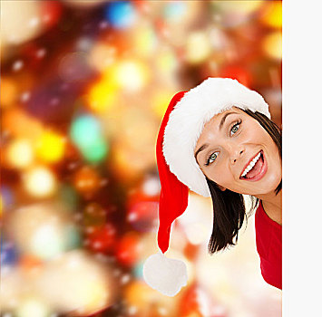 圣诞节,圣诞,人,广告,销售,概念,高兴,女人,圣诞老人,帽子,留白,白板,上方,红灯,背景