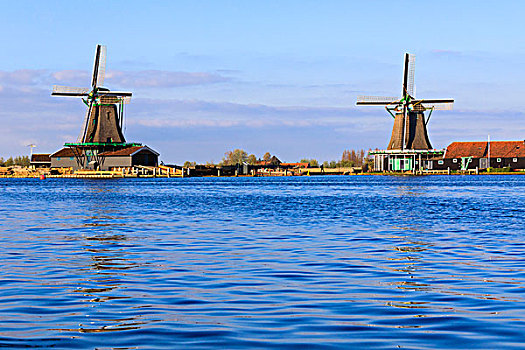 特色,风车,反射,深海,河,春天,北荷兰,荷兰,欧洲