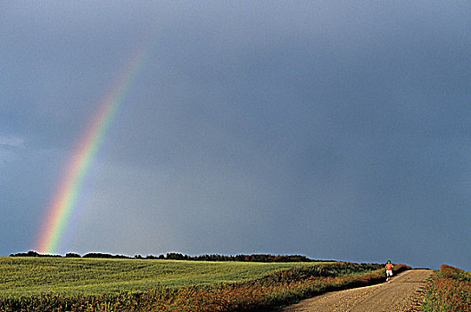女人,跑,彩虹,背景,萨斯喀彻温,加拿大