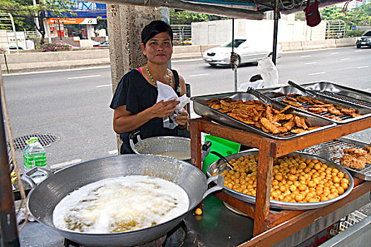 街头摊贩,锅,油炸,食物,曼谷,泰国