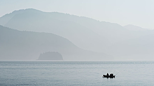 三个,渔民,船,湖,瓦尔幸湖,早,早晨