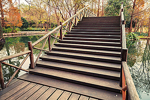 木桥,楼梯,走,著名,西湖,公园,杭州,市中心,中国,旧式,照片,滤镜效果
