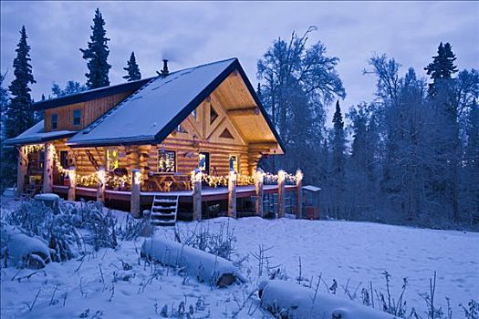 木屋,木头,装饰,圣诞灯光,黎明,靠近,费尔班克斯,阿拉斯加,冬天
