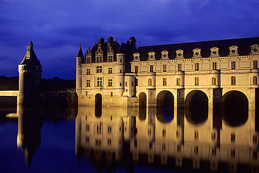 法国,卢瓦尔河,区域,舍农索城堡,城堡,谢尔河,夜晚,照片