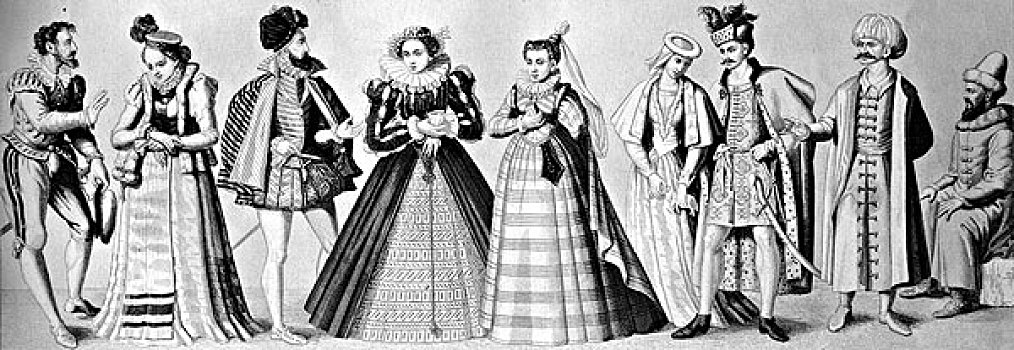 历史文化,左边,两个,德国人,西班牙人,服饰,法国人,女人,意大利人,匈牙利人,土耳其人,俄罗斯人,相互,16世纪,历史,插画
