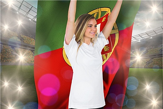 漂亮,球迷,白色,欢呼,拿着,葡萄牙,旗帜,大,足球场