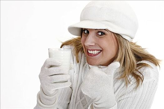 女青年,白人,高领毛衣,毛帽,拿着,牛奶杯