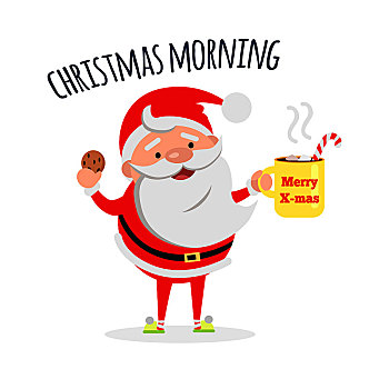 早安,圣诞老人,咖啡杯,美味,饼干,早餐,圣诞快乐,新年快乐,概念,寒假,插画,贺卡,矢量,风格,设计