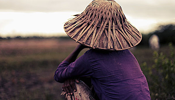 后视图,女人,竹子,帽子,坐,地点,巴格,区域,缅甸