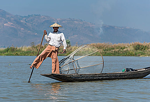 渔民,船,茵莱湖,缅甸,亚洲