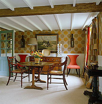 老式,餐桌,椅子,现代,站立,木墙,复古,壁纸,英国,郊区住宅
