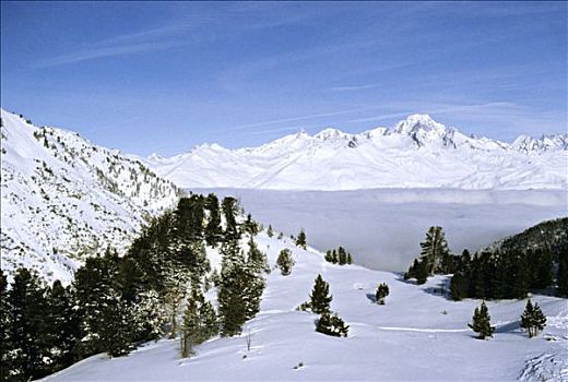法国,隆河阿尔卑斯山省,冬天,勃朗峰,背景