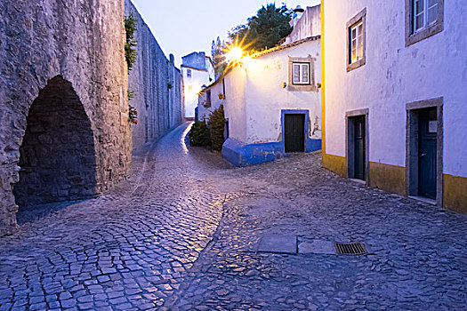 葡萄牙,奥比都斯,地区,鹅卵石,人行道,日落