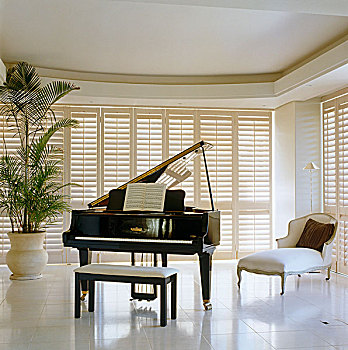 大钢琴,一个,尾端,客厅,站立,墙壁,白色,百叶窗,地砖