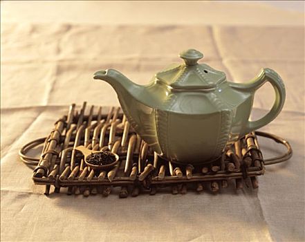 绿色,茶壶,木质,托盘,匙,茶叶