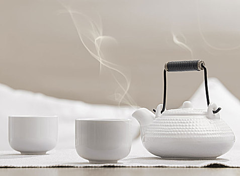 茶壶,杯子,桌上,舒适,放松,休闲