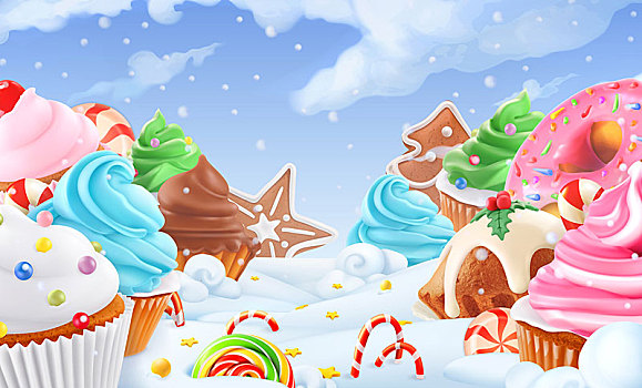 杯形蛋糕,精灵蛋糕,冬天,甜,风景,圣诞节,背景,矢量,插画