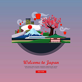 日本,概念,网络,旗帜,风格,矢量,度假,亚洲,插画,城市风光,富士山,空气,灯笼,樱花,塔,旅行社,降落,设计