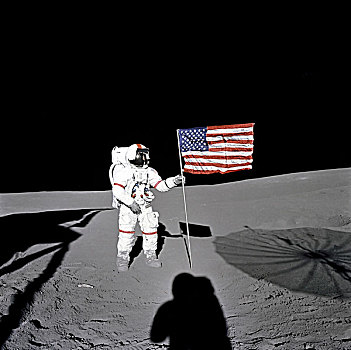 阿波罗,宇航员,站立,旁侧,美国国旗,月球表面